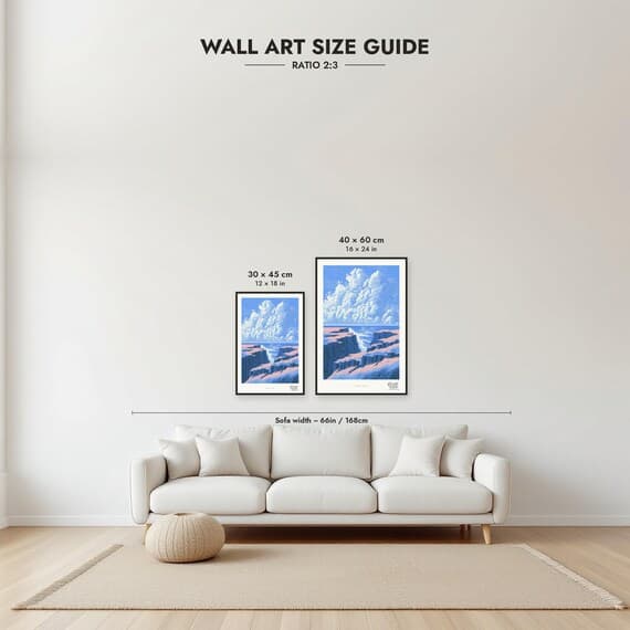 Framed size guide: 30x45 and 40x60 cm to scale above a sofa