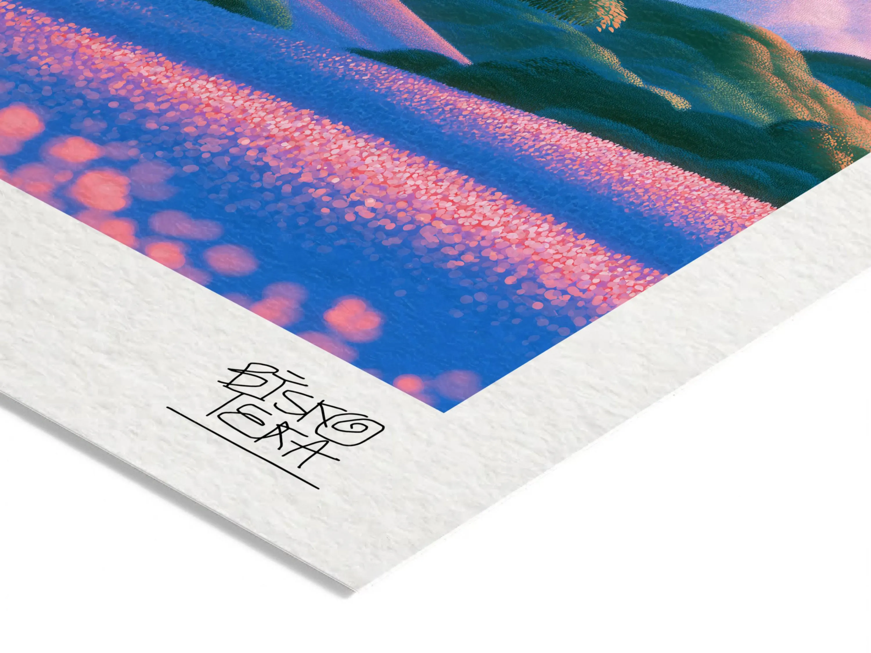 Close-up of the printed signature on the fine-art giclée paper of the Snowy Sunrise Landscape print