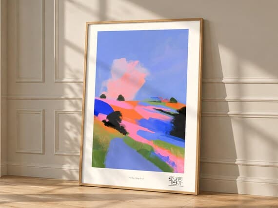 Winding Village Road art print, framed, in a second room setting