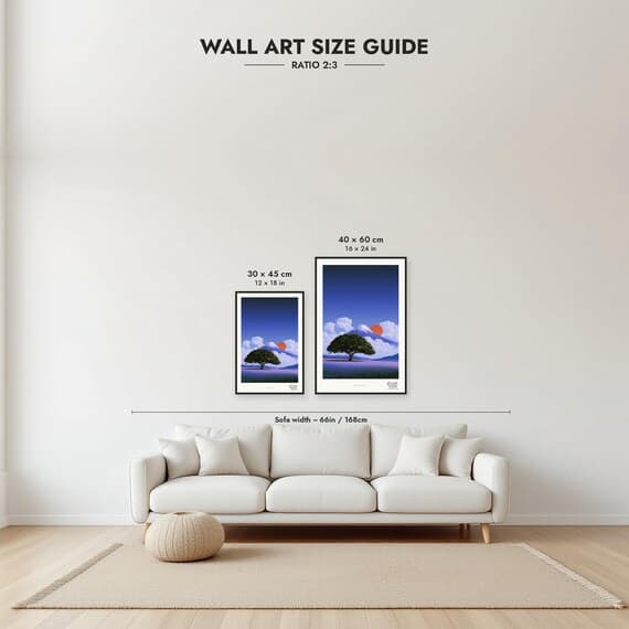 Framed size guide: 30x45 and 40x60 cm to scale above a sofa