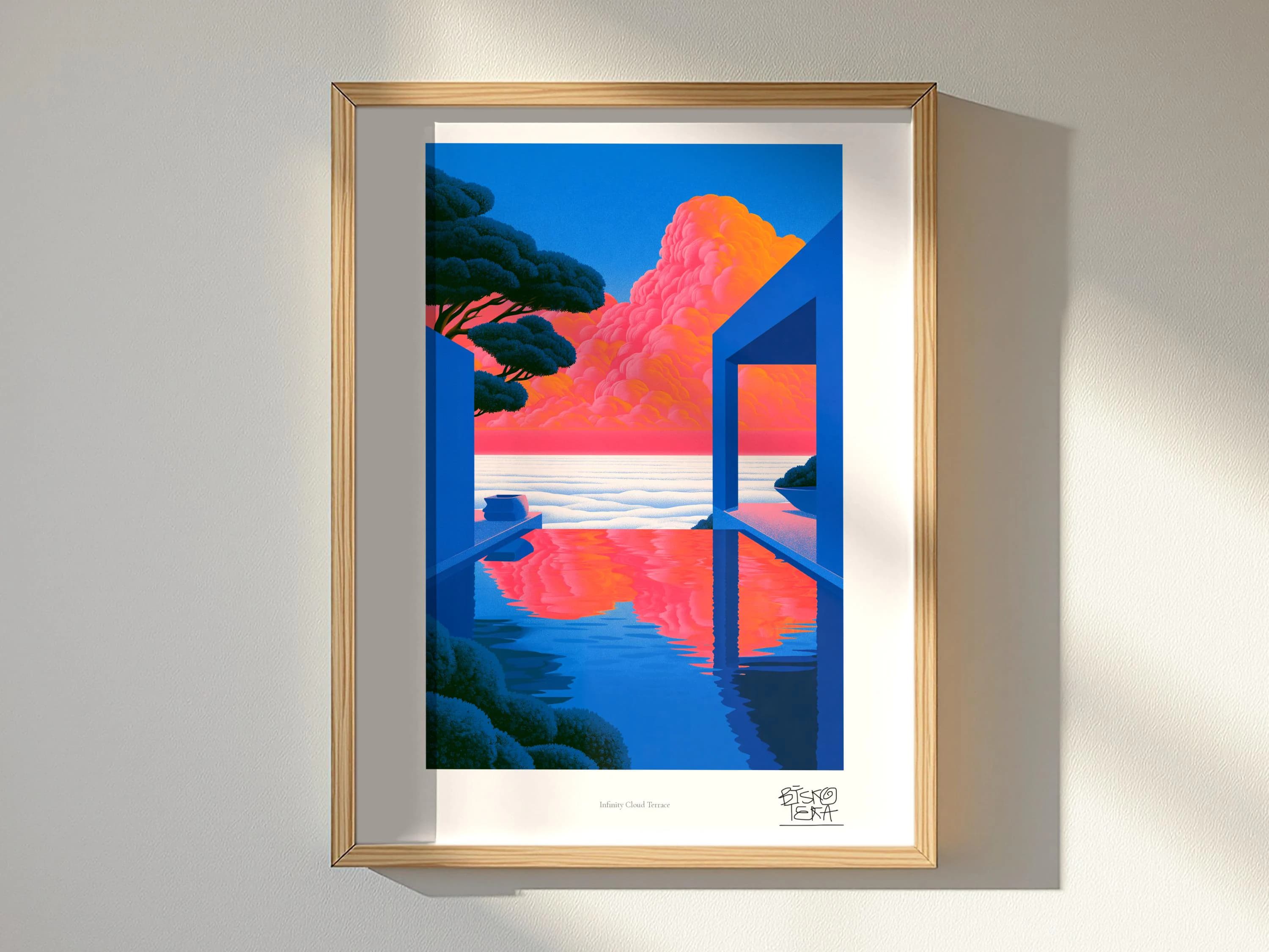 Infinity Cloud Terrace art print, framed, shown in a styled room