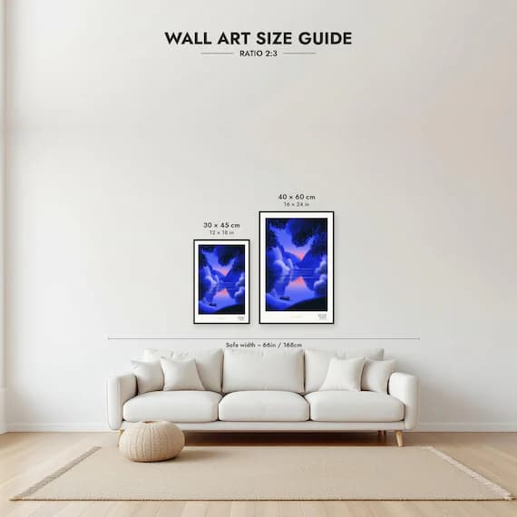 Framed size guide: 30x45 and 40x60 cm to scale above a sofa
