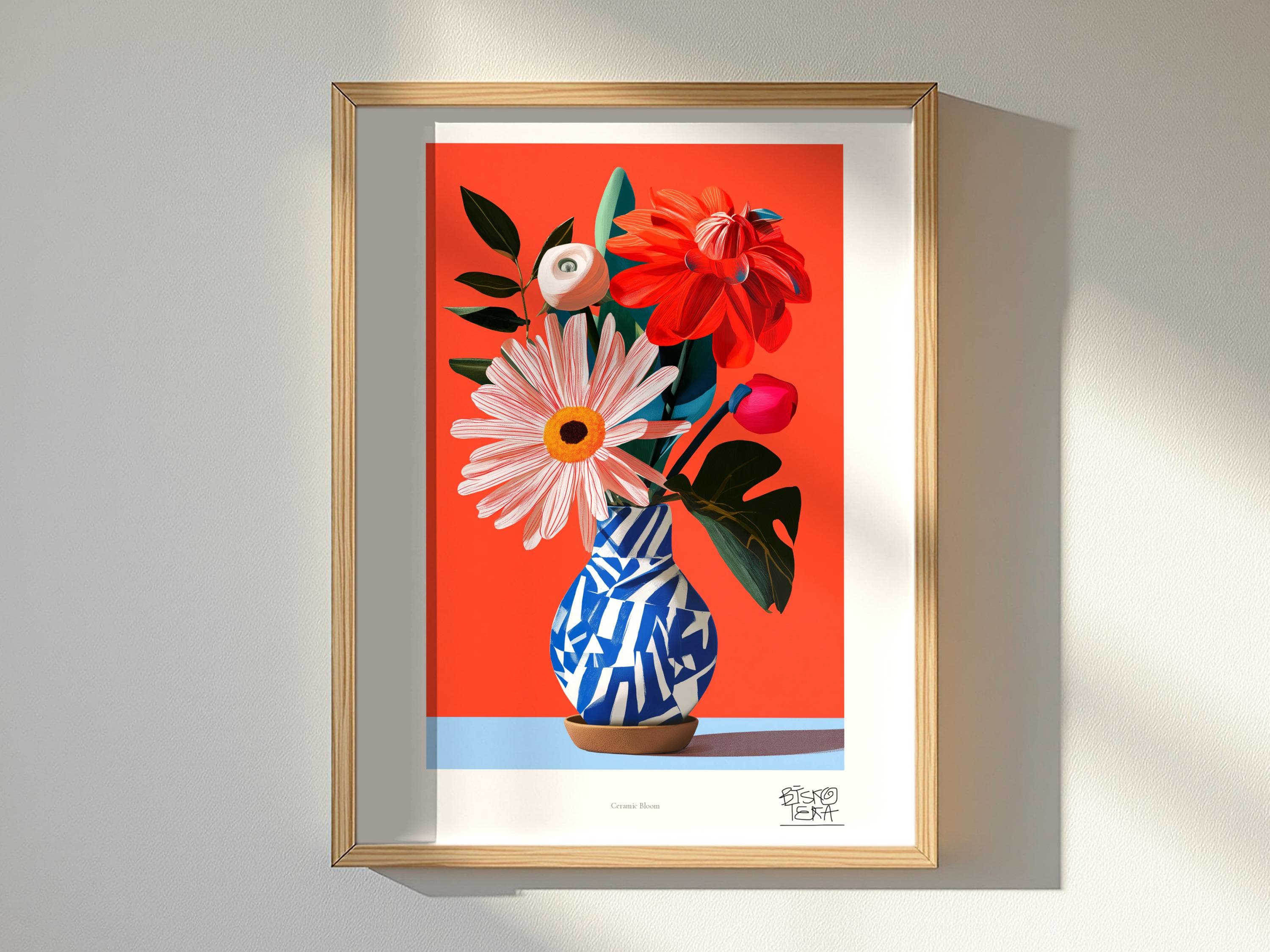 Ceramic Bloom art print, framed, shown in a styled room