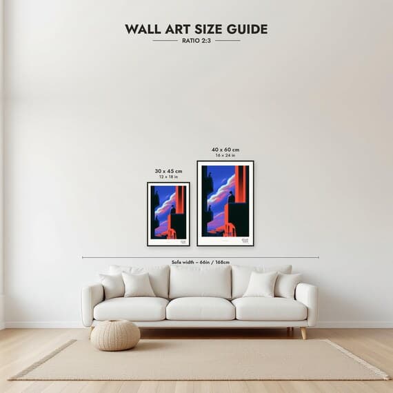 Framed size guide: 30x45 and 40x60 cm to scale above a sofa