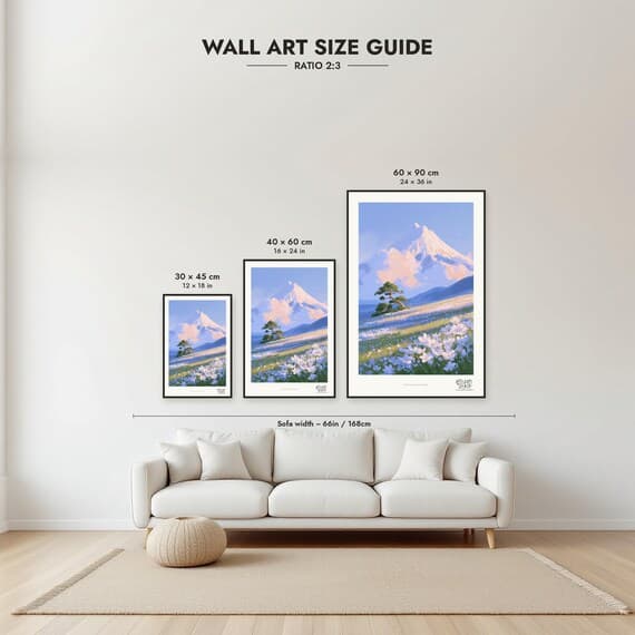 Size guide: 30×45, 40×60 and 60×90 cm to scale above a sofa
