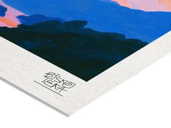 Close-up of the printed signature on the fine-art giclée paper of the Blush Clouded Summit print