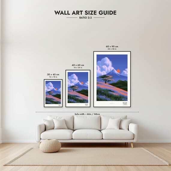 Size guide: 30×45, 40×60 and 60×90 cm to scale above a sofa