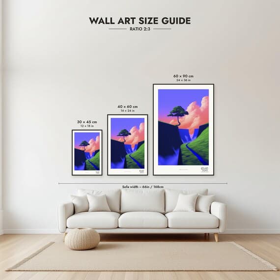 Size guide: 30×45, 40×60 and 60×90 cm to scale above a sofa
