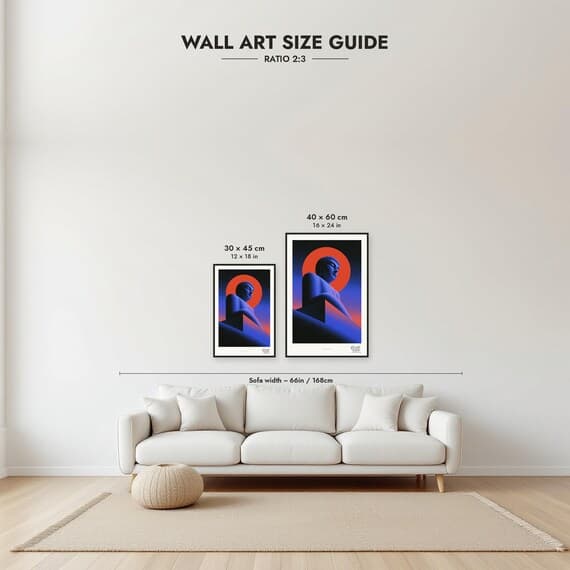 Framed size guide: 30x45 and 40x60 cm to scale above a sofa