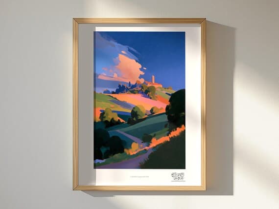 Colorful Countryside Path framed art print, shown hanging in a styled room