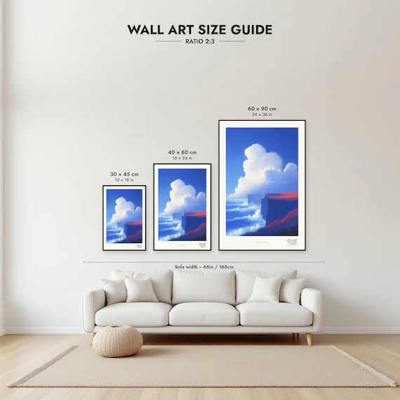 Size guide: 30×45, 40×60 and 60×90 cm to scale above a sofa