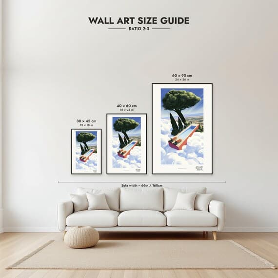 Size guide: 30×45, 40×60 and 60×90 cm to scale above a sofa