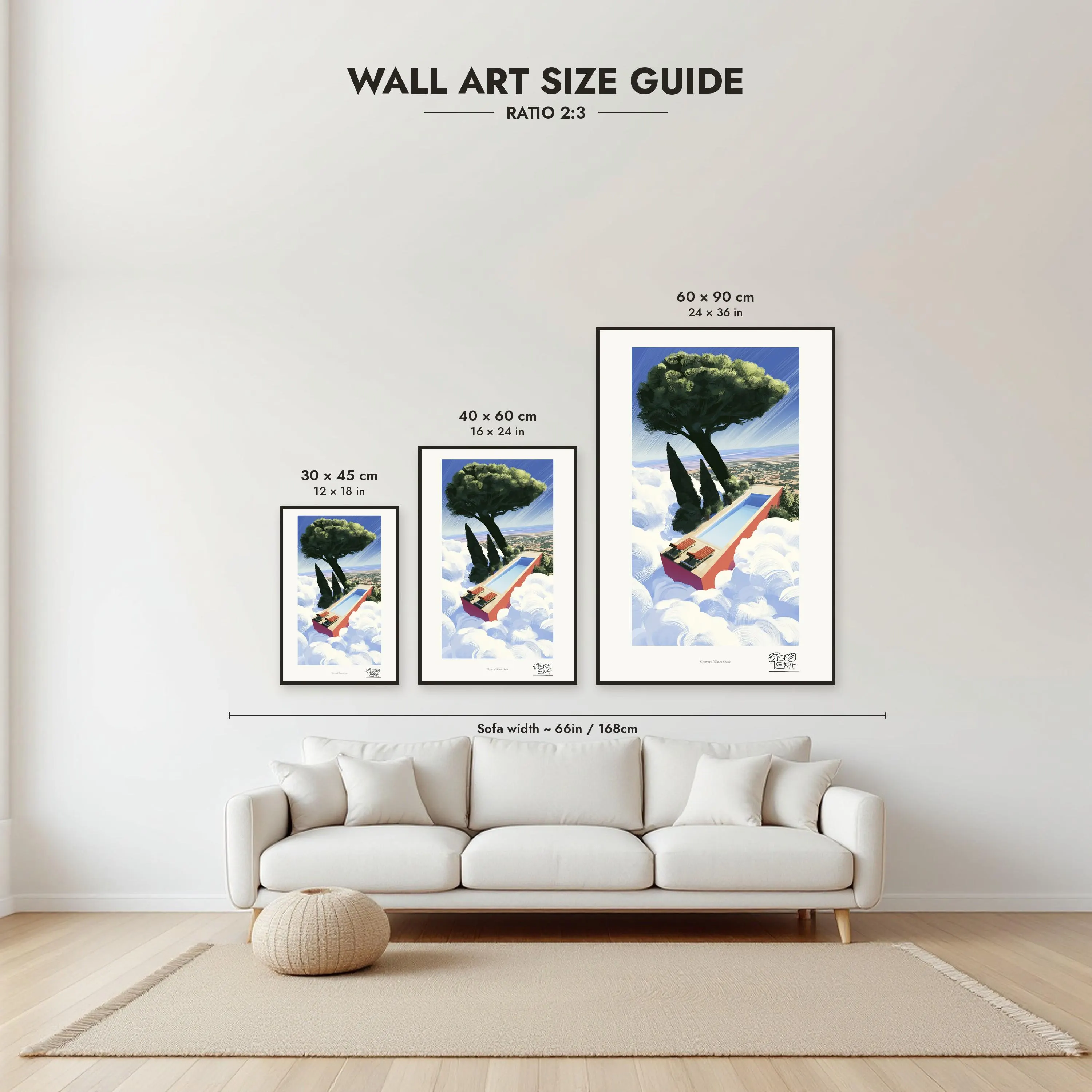 Size guide: 30×45, 40×60 and 60×90 cm to scale above a sofa
