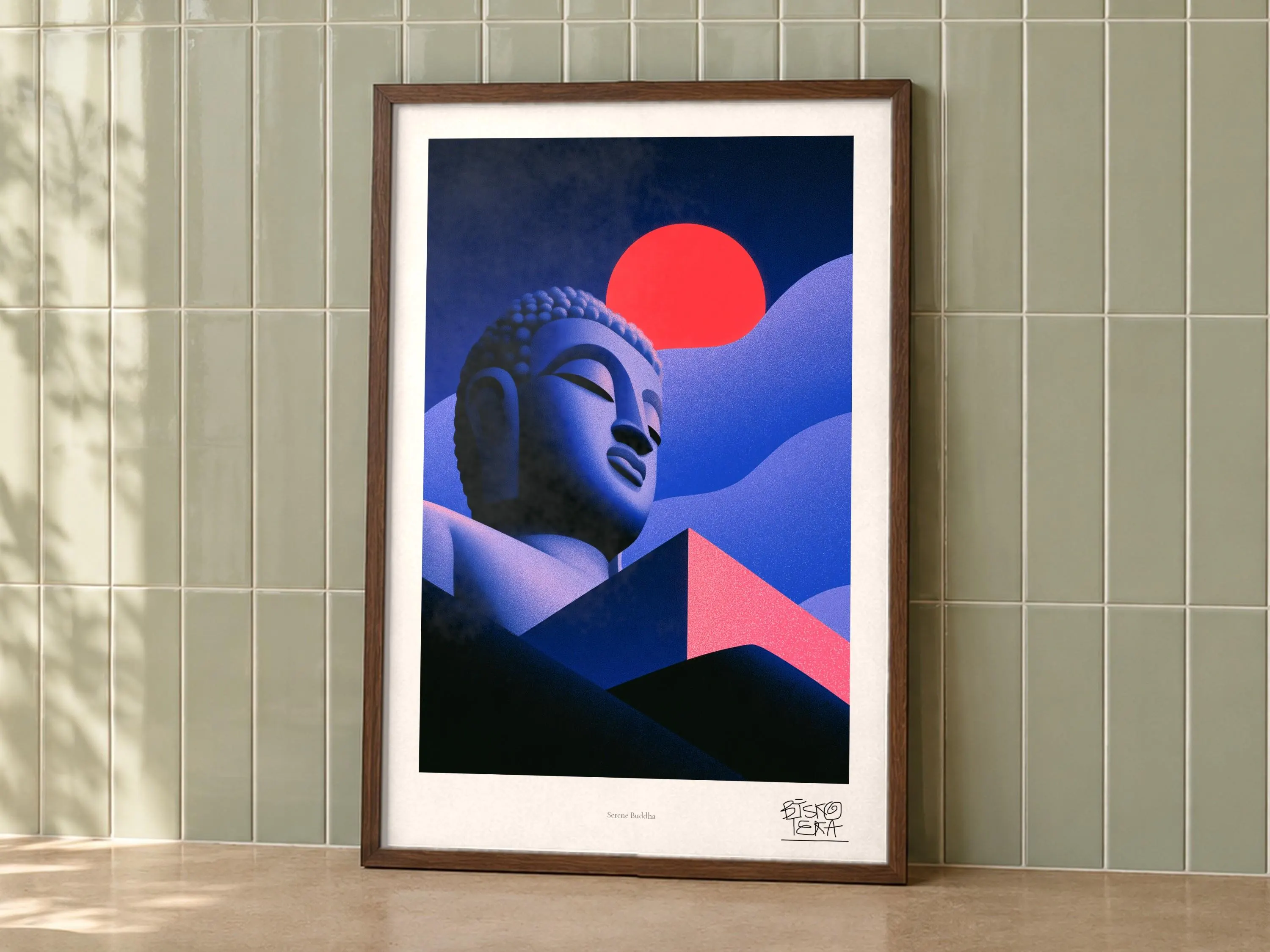 Serene Buddha art print on a wall, room view