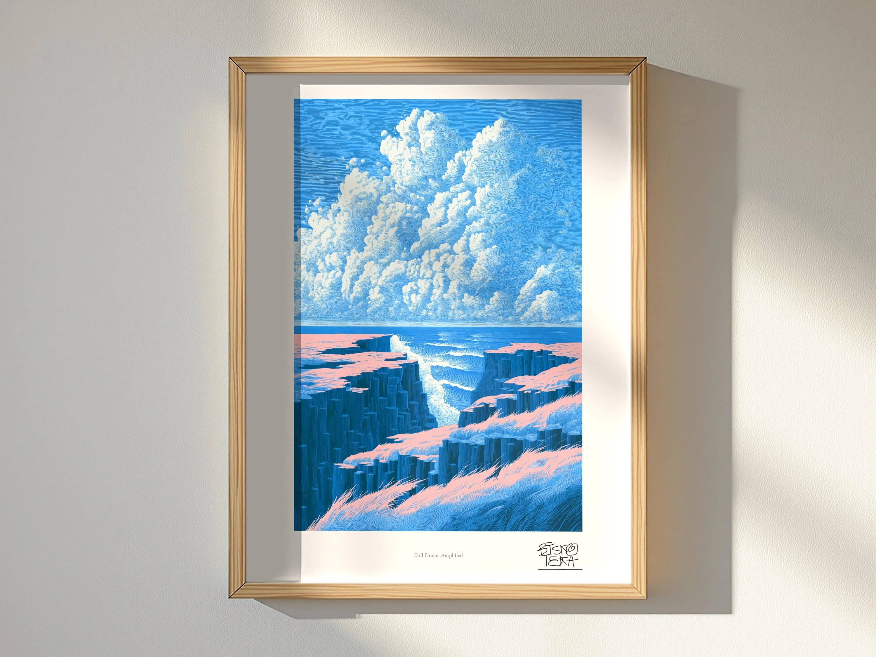 Cliff Drama Amplified framed art print, shown hanging in a styled room