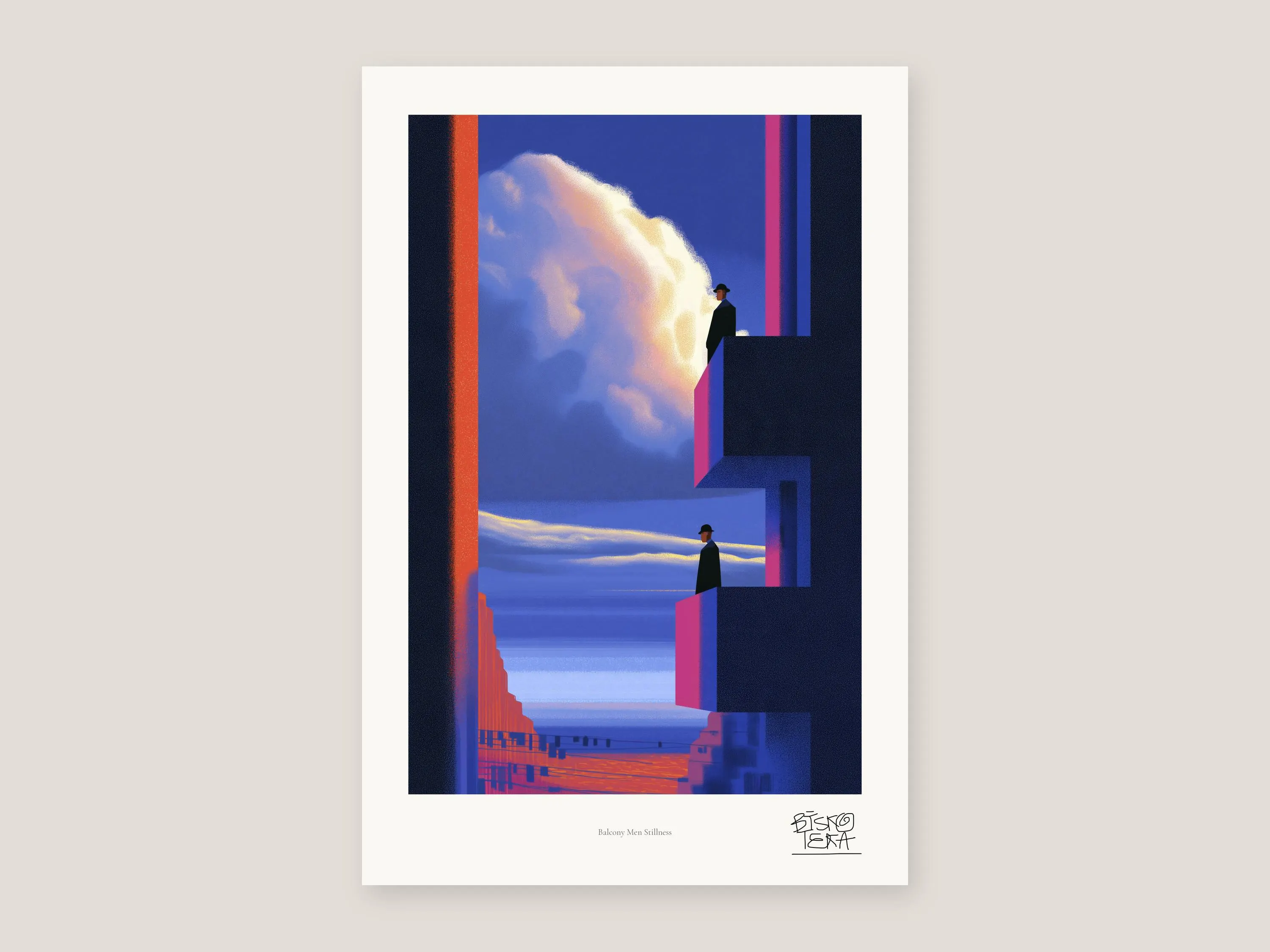 Full view of the Balcony Men Stillness print with its white gallery margin