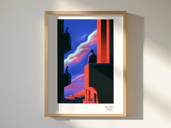 Balcony Echoes art print, framed, shown in a styled room