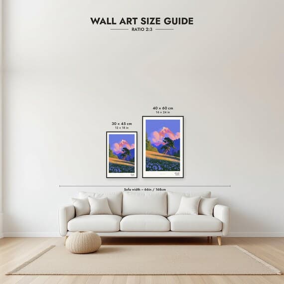 Framed size guide: 30x45 and 40x60 cm to scale above a sofa