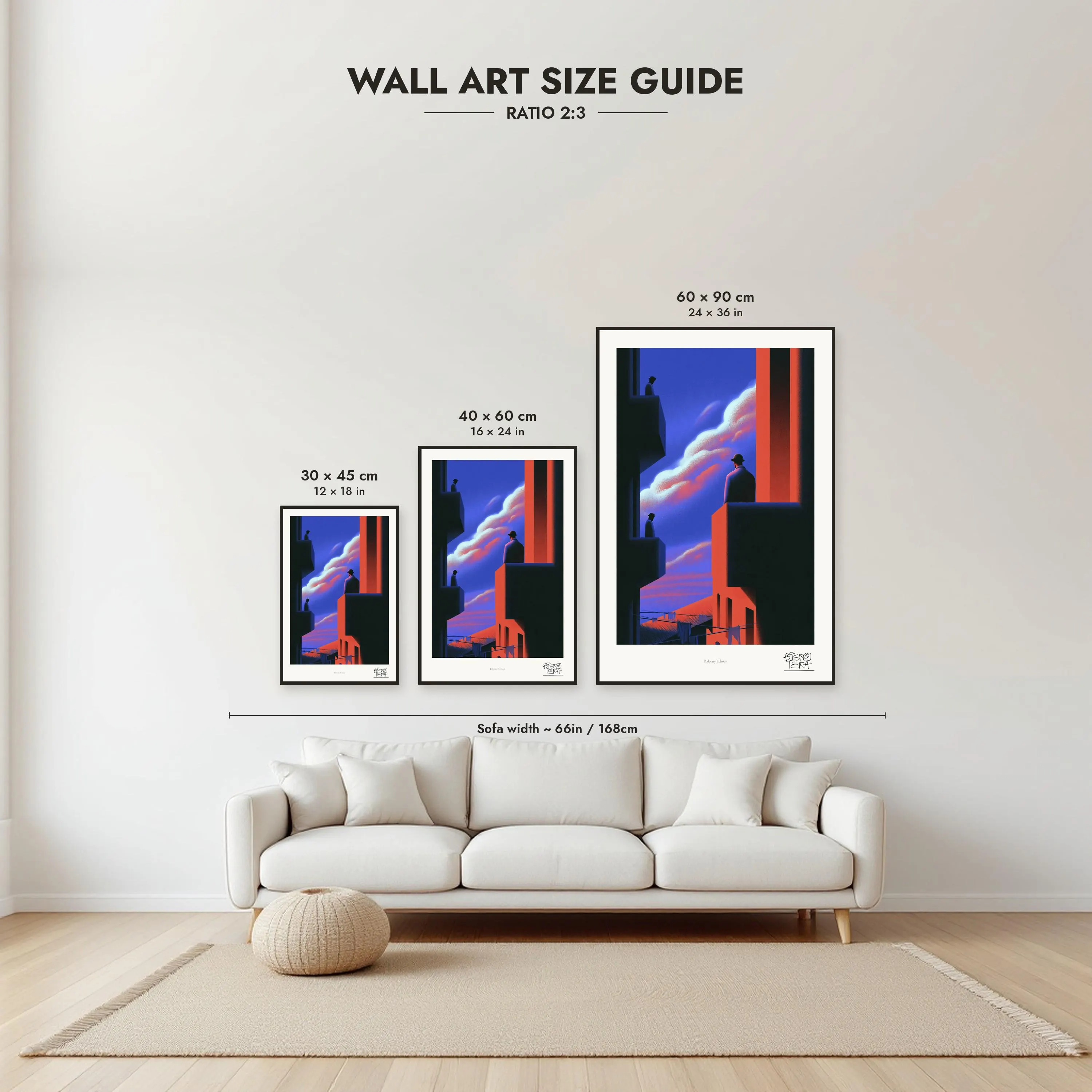 Size guide: 30×45, 40×60 and 60×90 cm to scale above a sofa