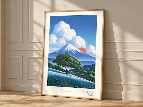 Mountain Sun Meadow art print, framed, shown in a styled room