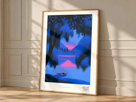 Lake Beneath Canopy framed art print, shown hanging in a styled room