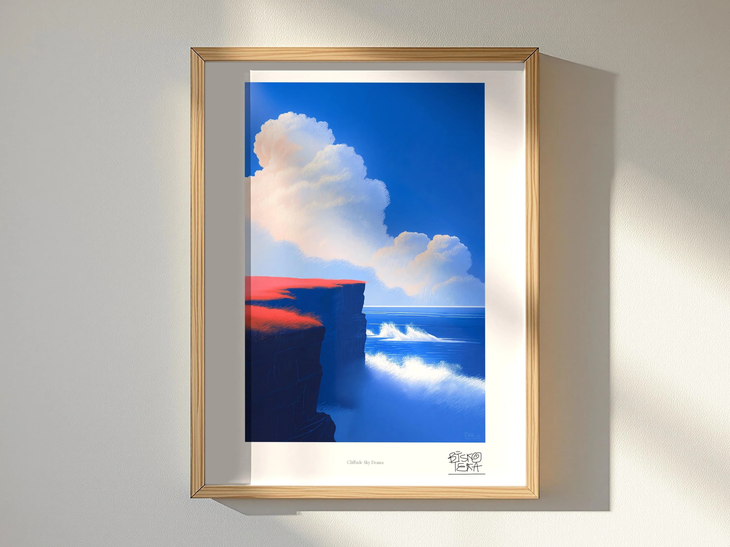 Cliffside Sky Drama framed art print, shown hanging in a styled room