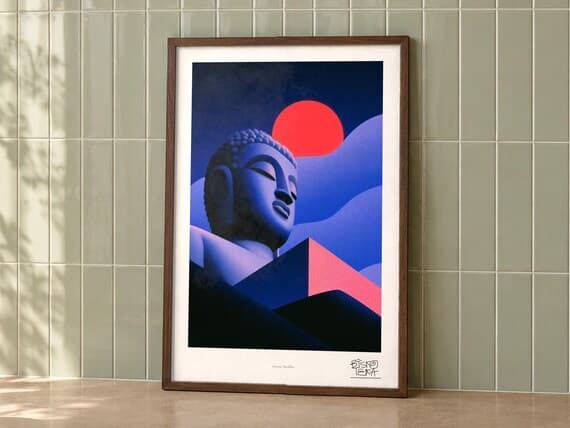 Serene Buddha framed art print, second room setting