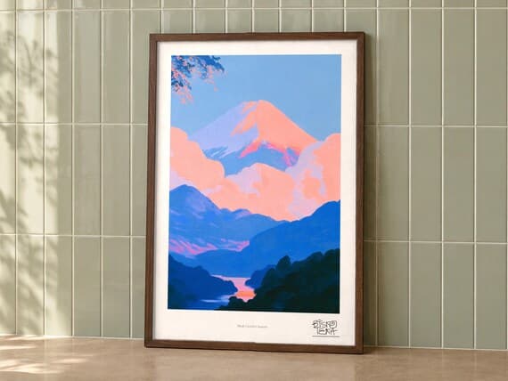 Blush Clouded Summit framed art print, second room setting