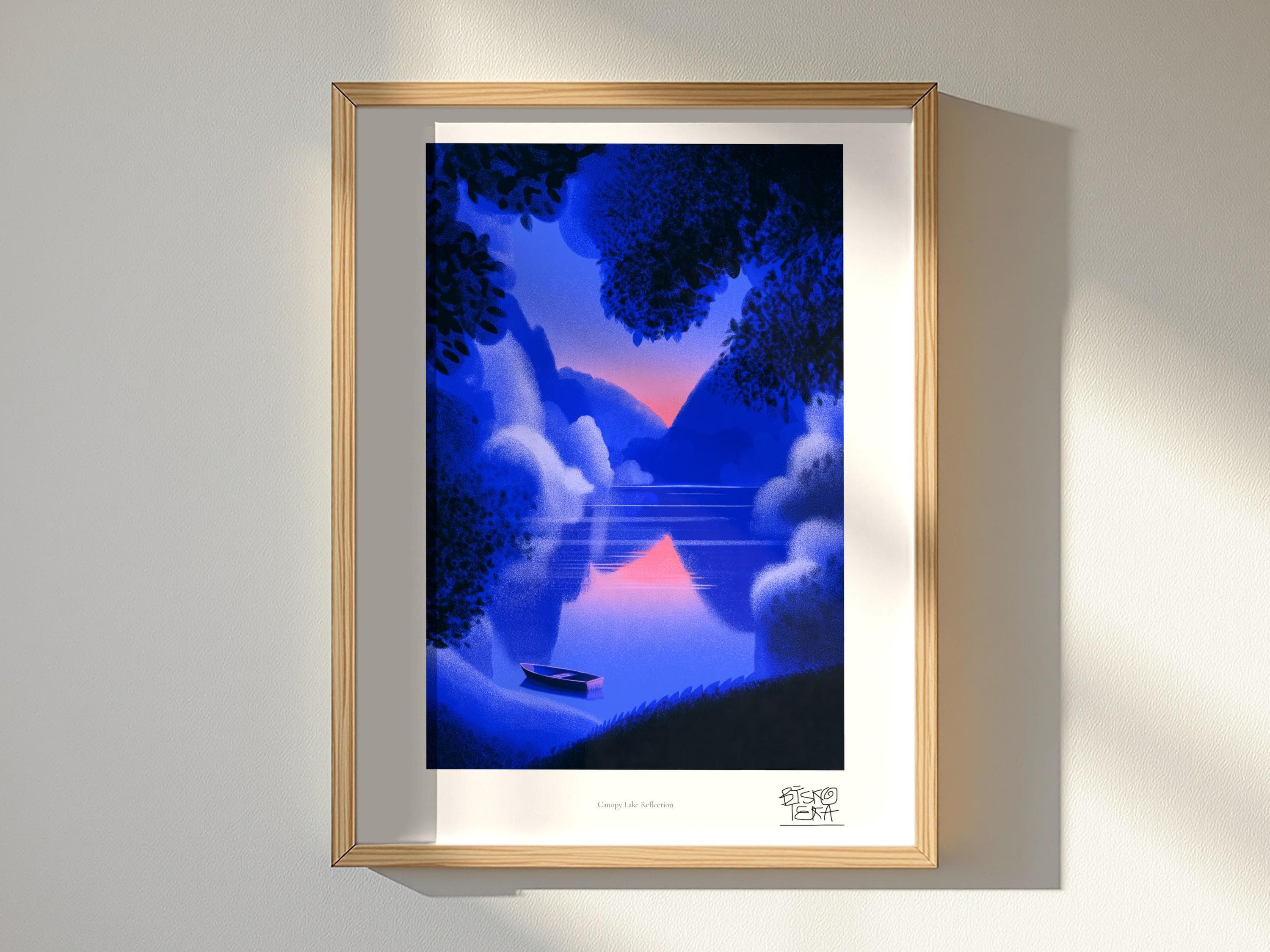Canopy Lake Reflection framed art print, shown hanging in a styled room