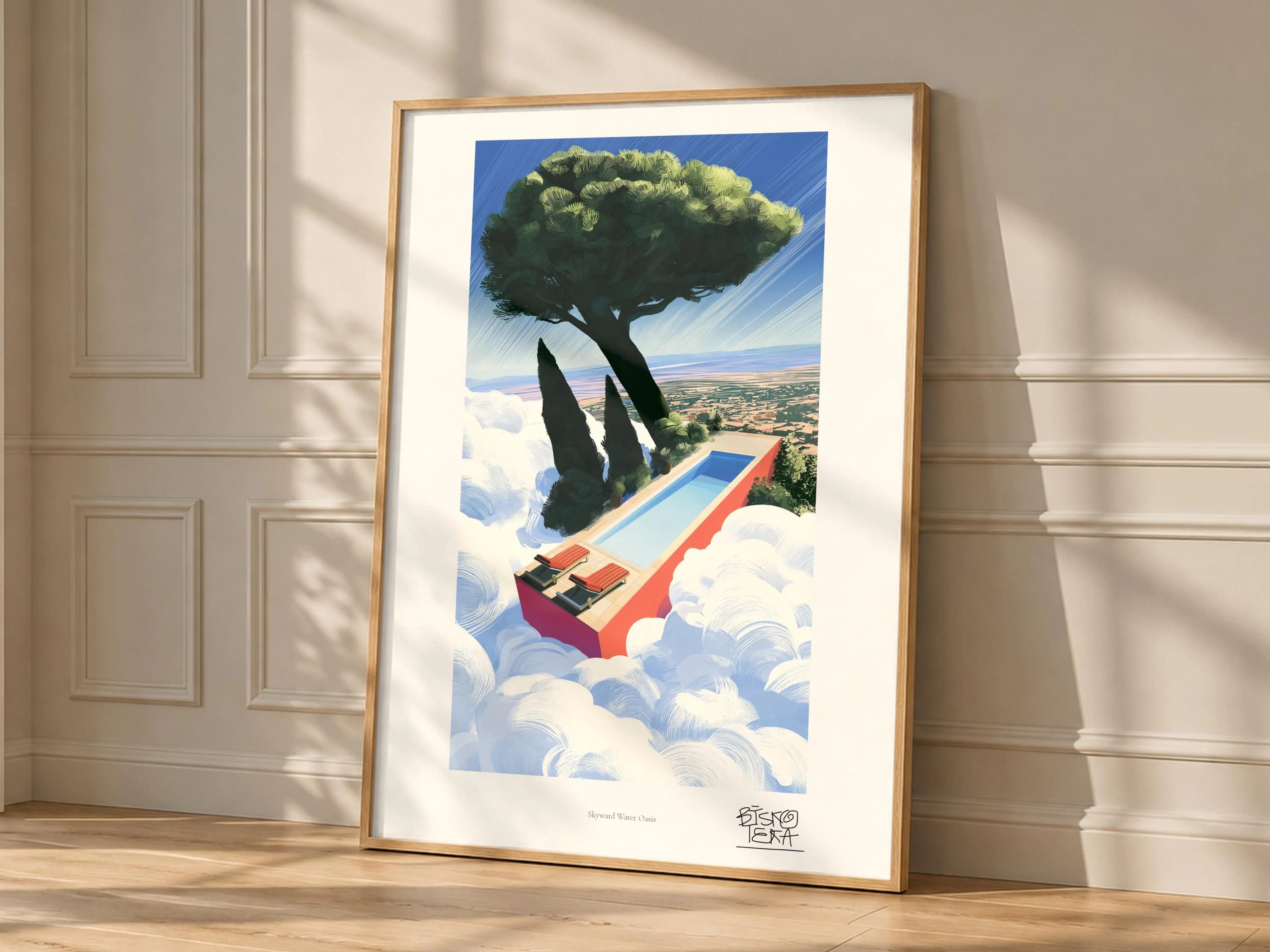 Skyward Water Oasis framed art print, shown hanging in a styled room