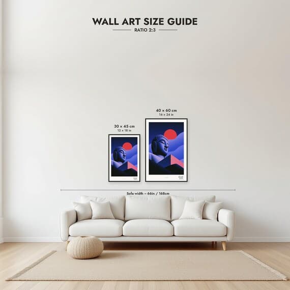 Framed size guide: 30x45 and 40x60 cm to scale above a sofa