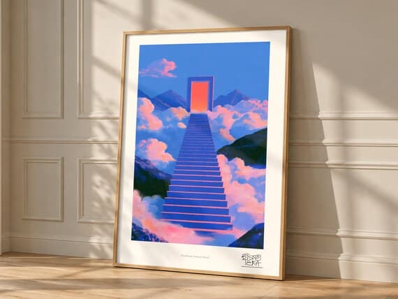 Staircase to the Clouds art print leaning on panelled wall, surreal doorway portal