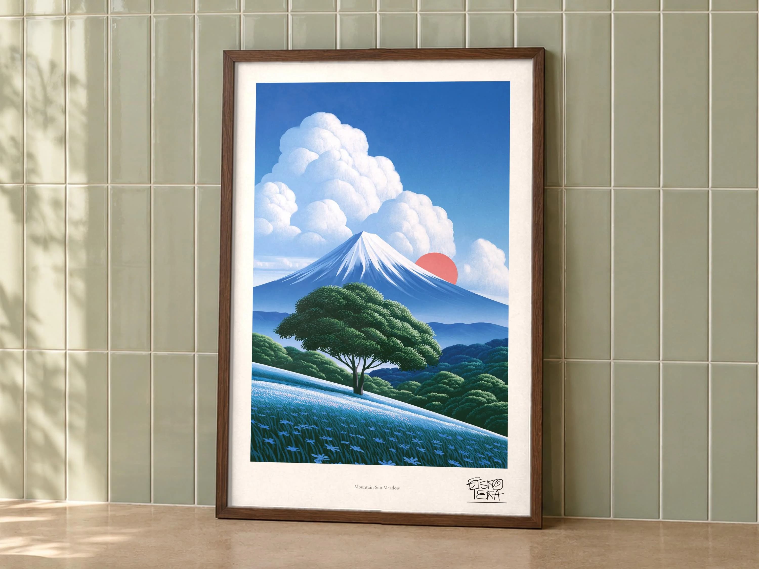 Mountain Sun Meadow art print on a wall, room view