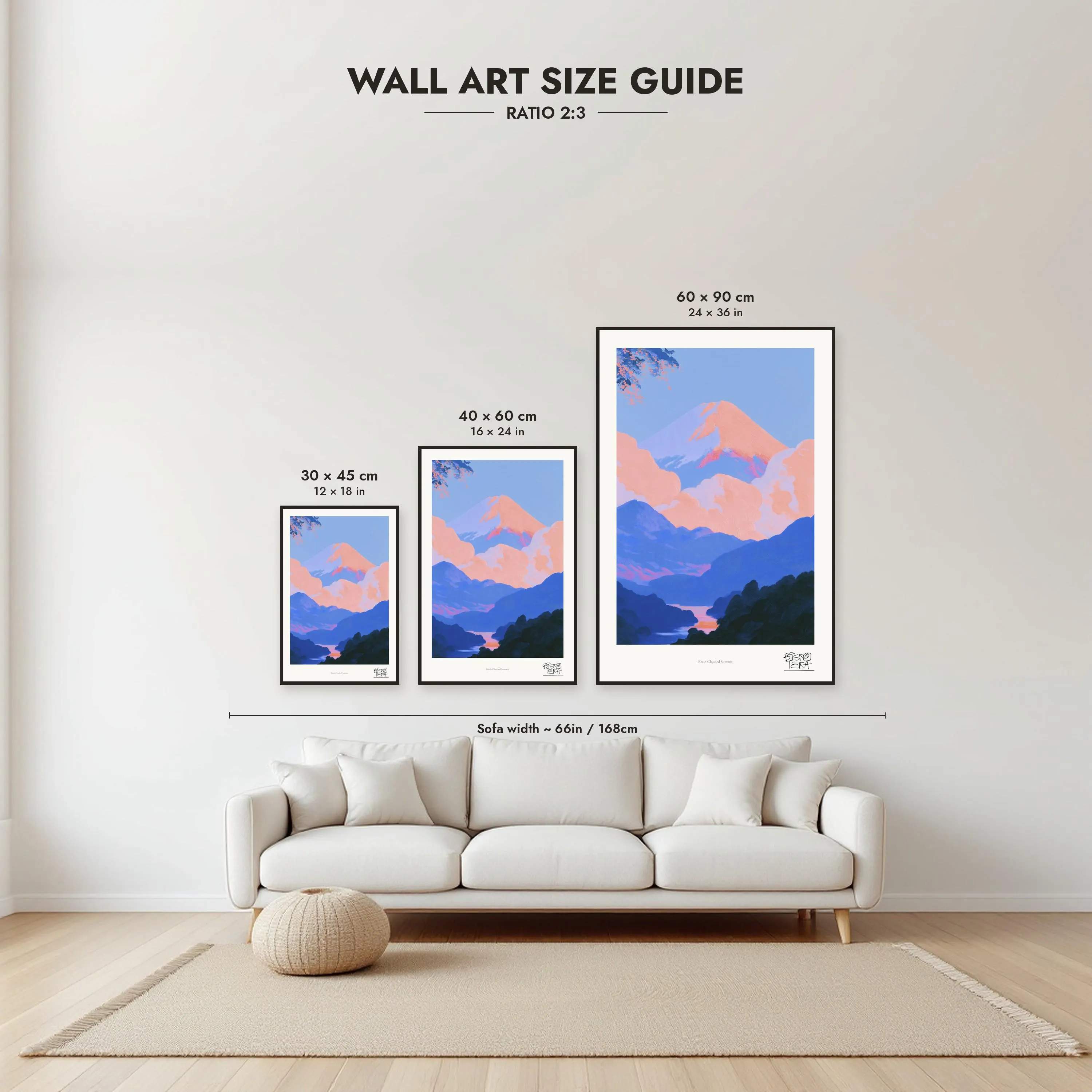 Size guide: 30×45, 40×60 and 60×90 cm to scale above a sofa