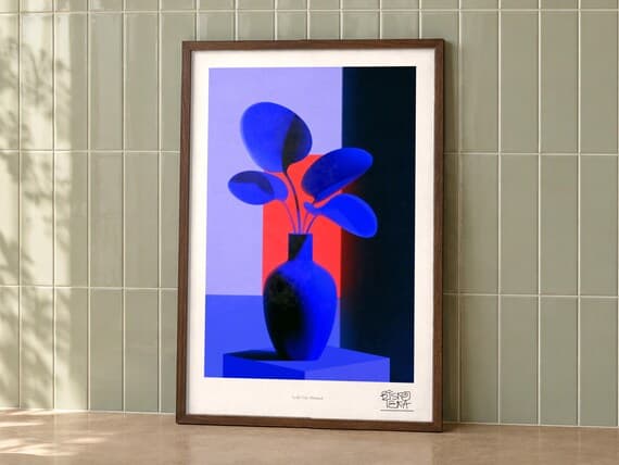 Leafy Vase Minimal art print on a wall, room view