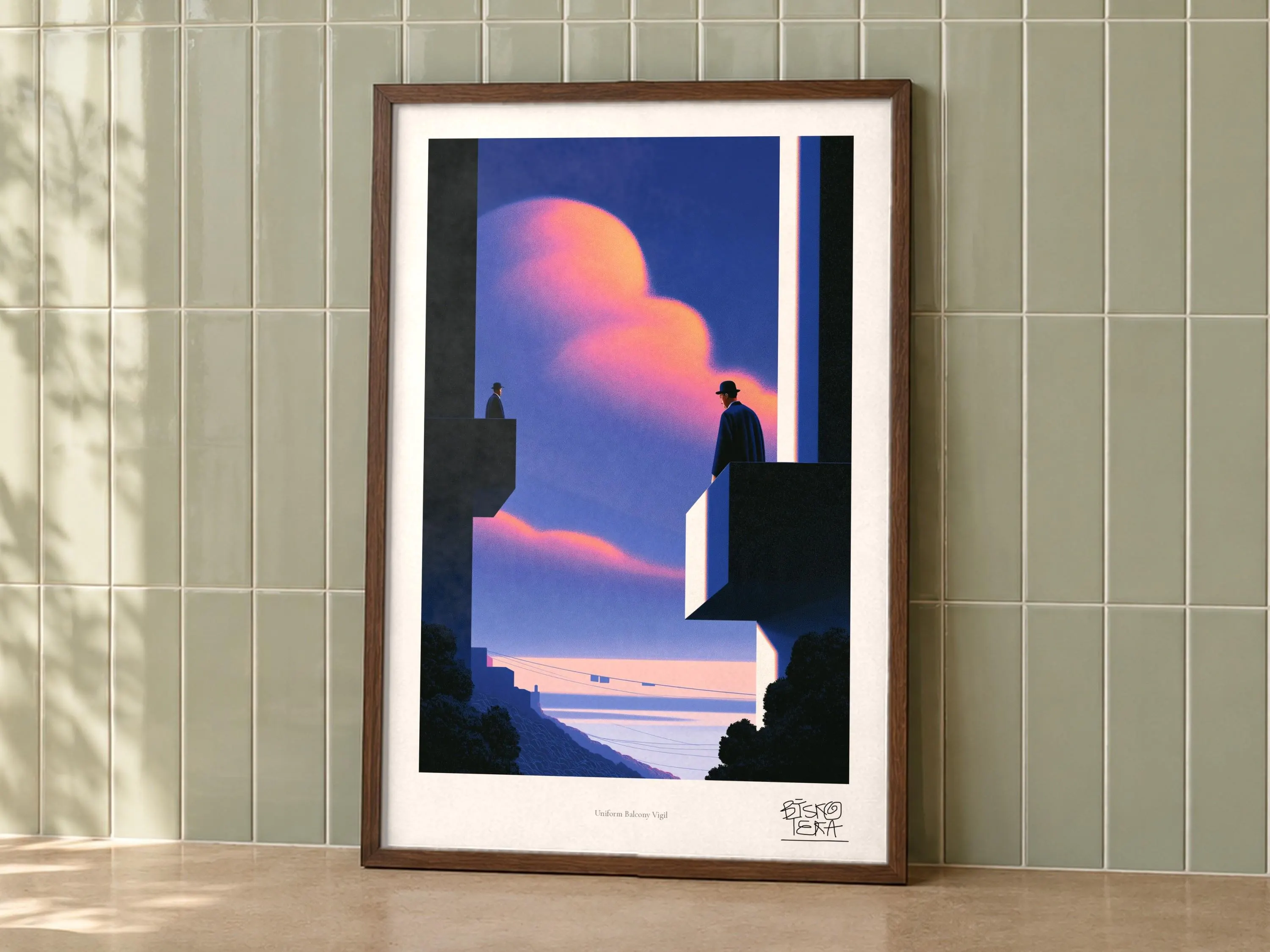 Uniform Balcony Vigil art print on a wall, room view
