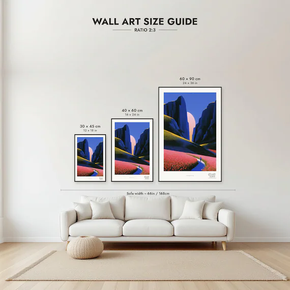 Size guide: 30×45, 40×60 and 60×90 cm to scale above a sofa