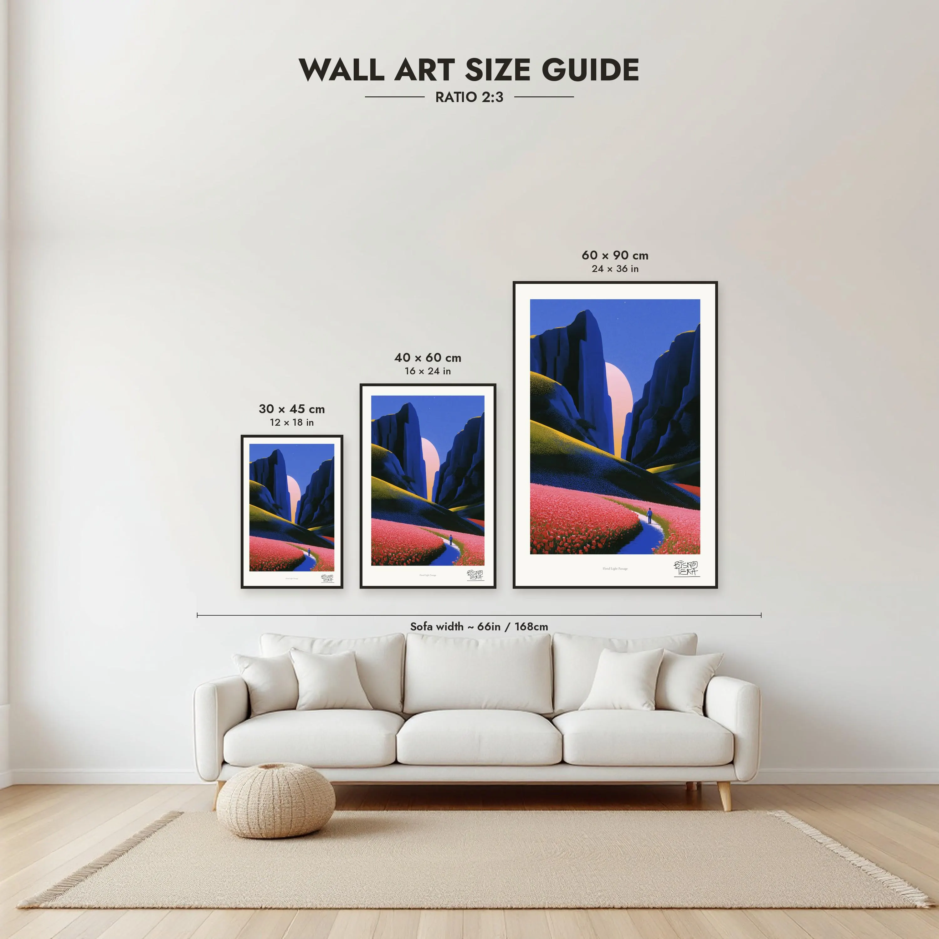 Size guide: 30×45, 40×60 and 60×90 cm to scale above a sofa