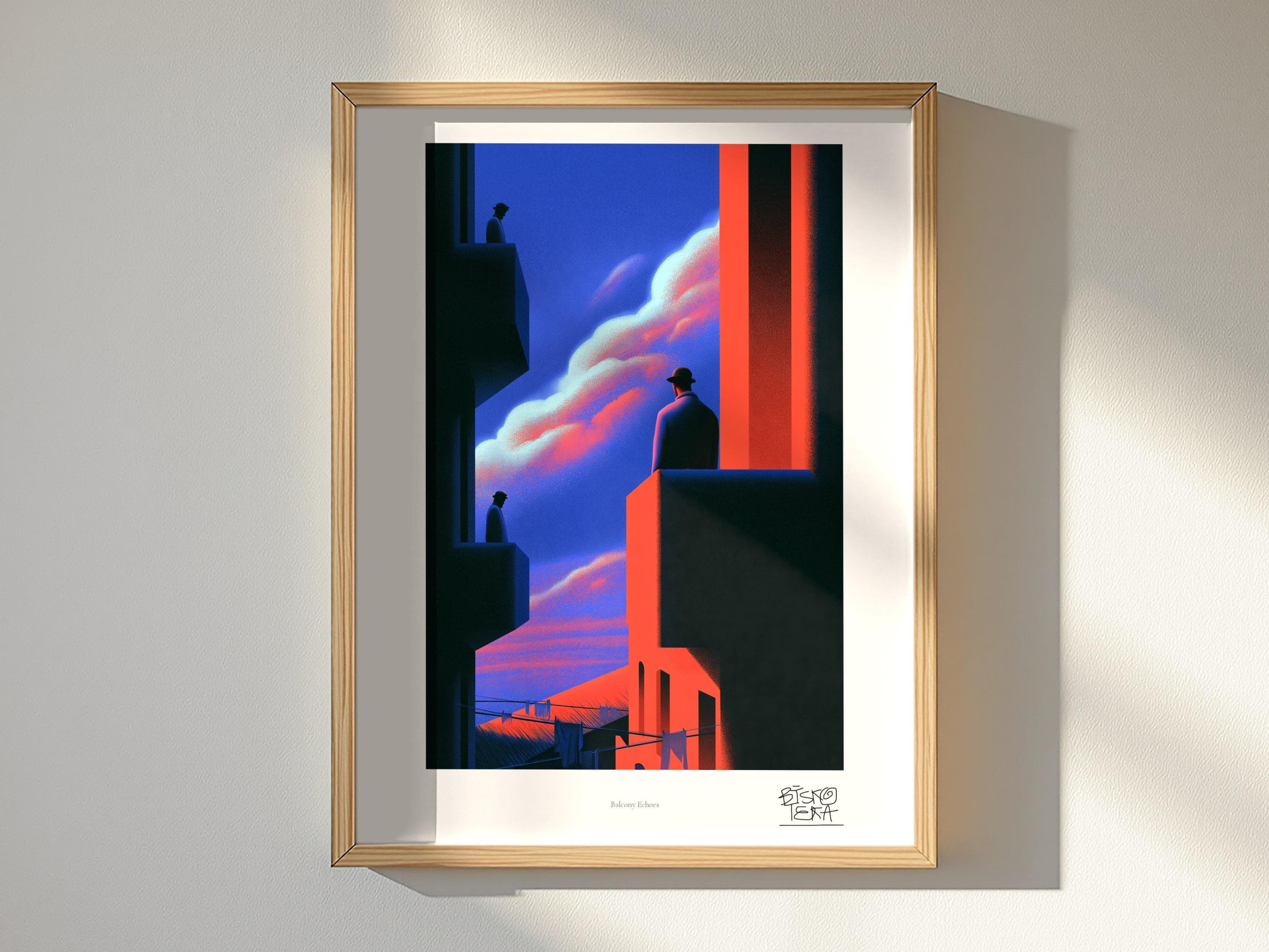 Balcony Echoes framed art print, shown hanging in a styled room