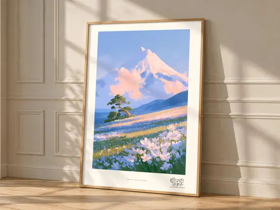 Pine Over Volcanic Meadow art print, framed, shown in a styled room