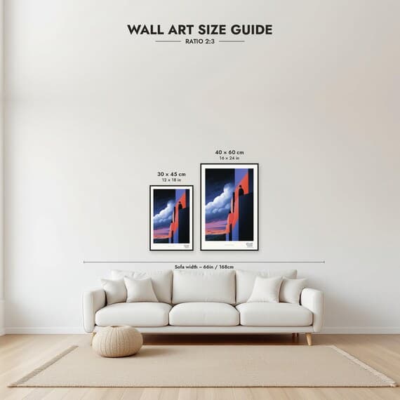 Framed size guide: 30x45 and 40x60 cm to scale above a sofa