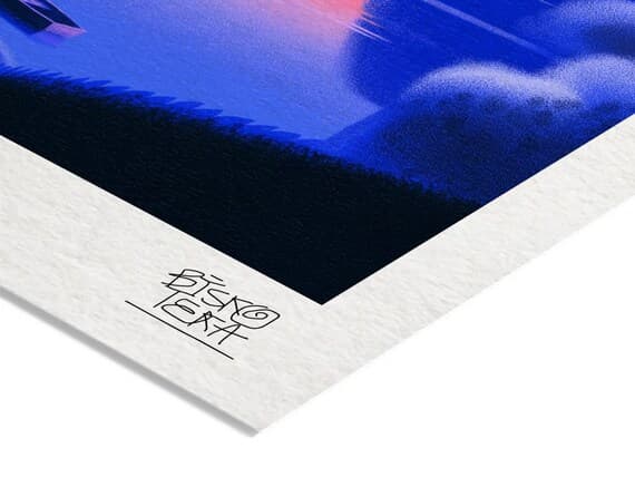 Close-up of the printed signature on the fine-art giclée paper of the Canopy Lake Reflection print