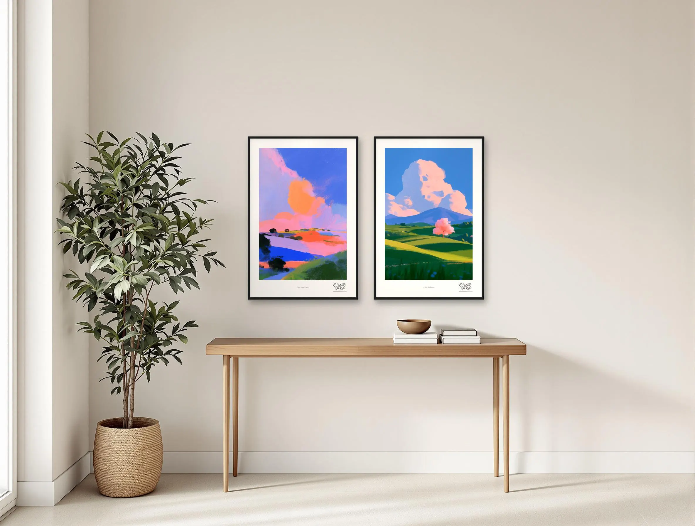 Pastel Hills duo shown together over a hallway console