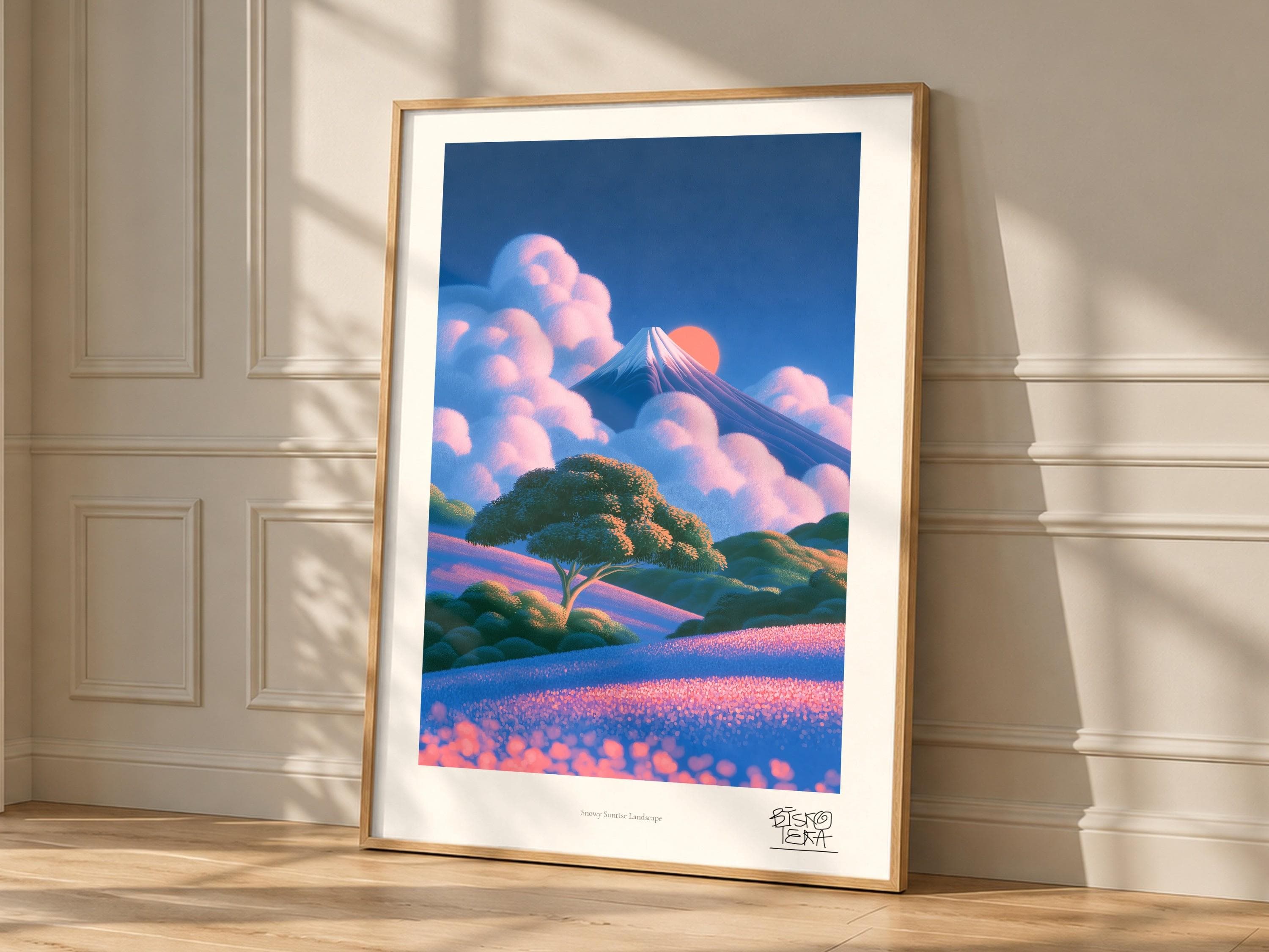 Snowy Sunrise Landscape art print, framed, shown in a styled room