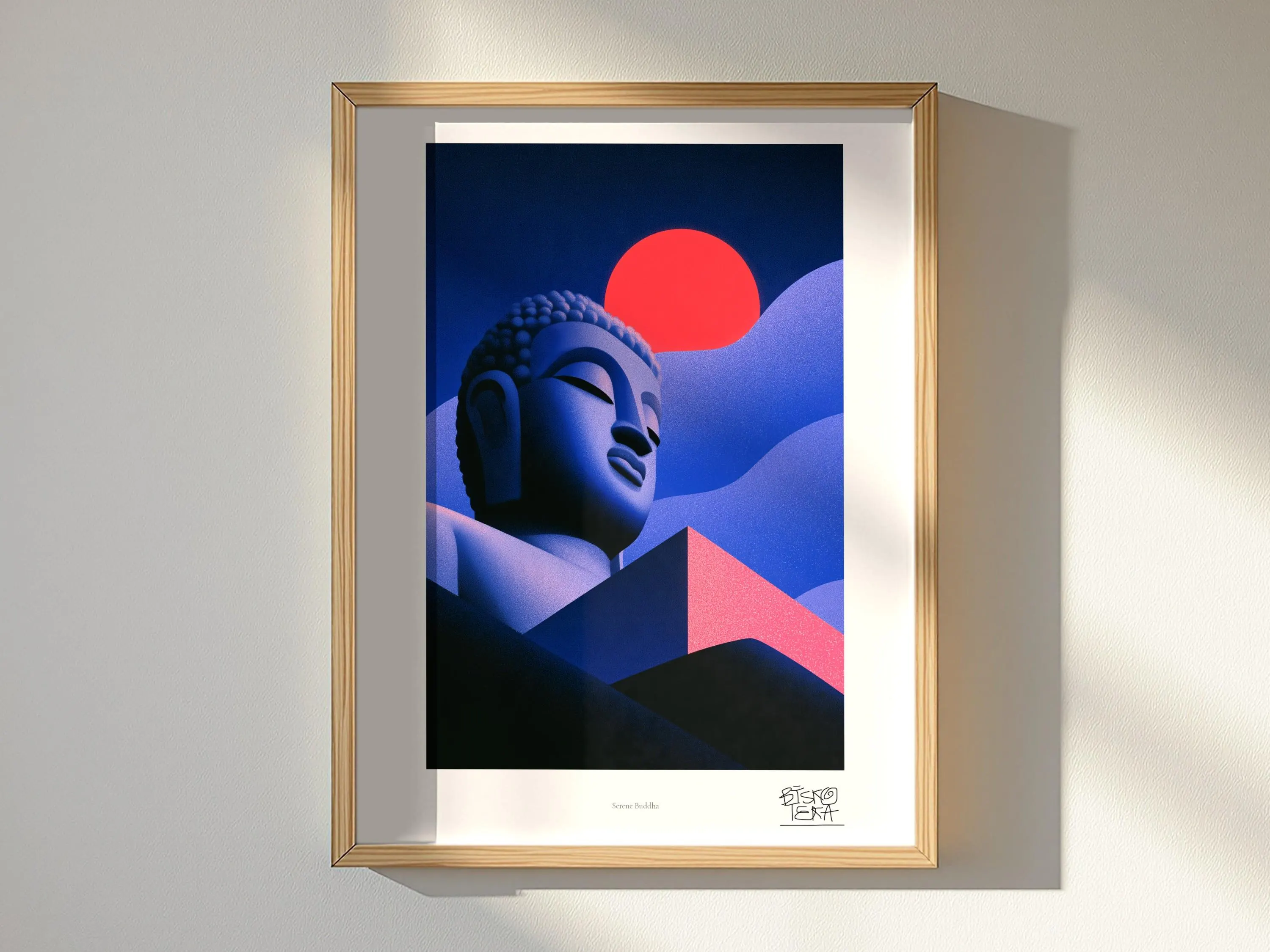 Serene Buddha framed art print, shown hanging in a styled room