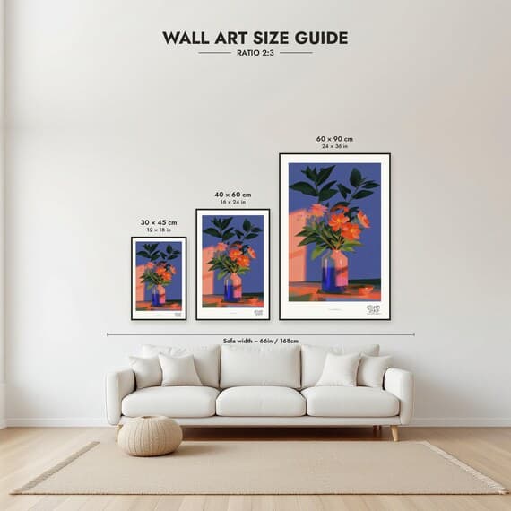 Size guide: 30×45, 40×60 and 60×90 cm to scale above a sofa