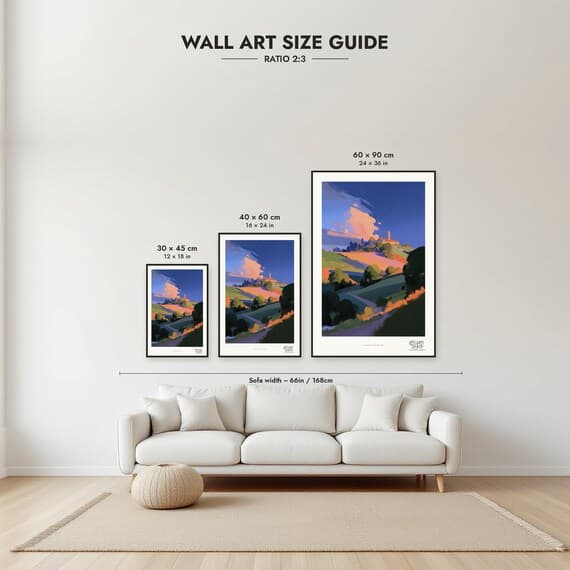 Size guide: 30×45, 40×60 and 60×90 cm to scale above a sofa