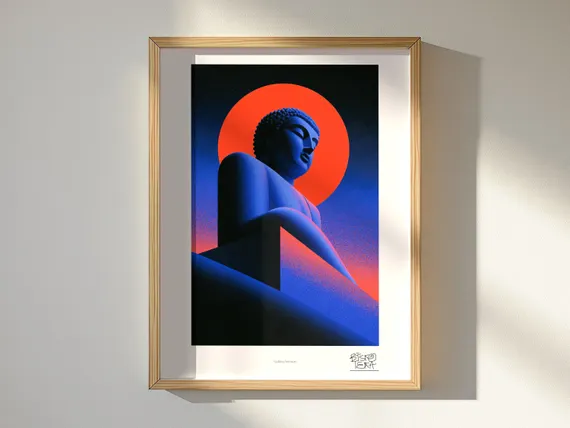 Golden Serenity art print, framed, shown in a styled room