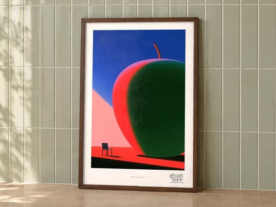 Giant Green Apple surreal art print on walnut frame, sage tile wall, bold wall art