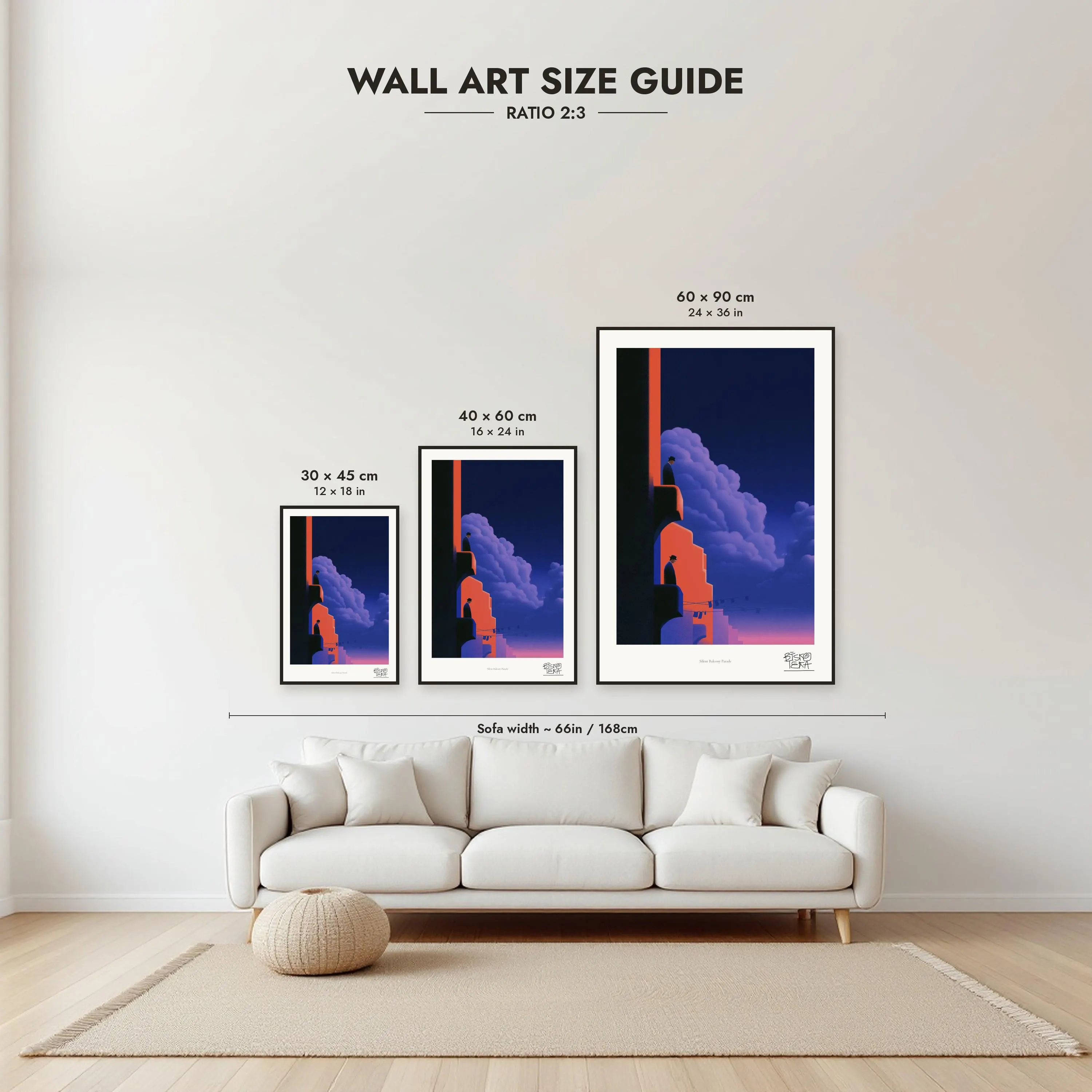 Size guide: 30×45, 40×60 and 60×90 cm to scale above a sofa